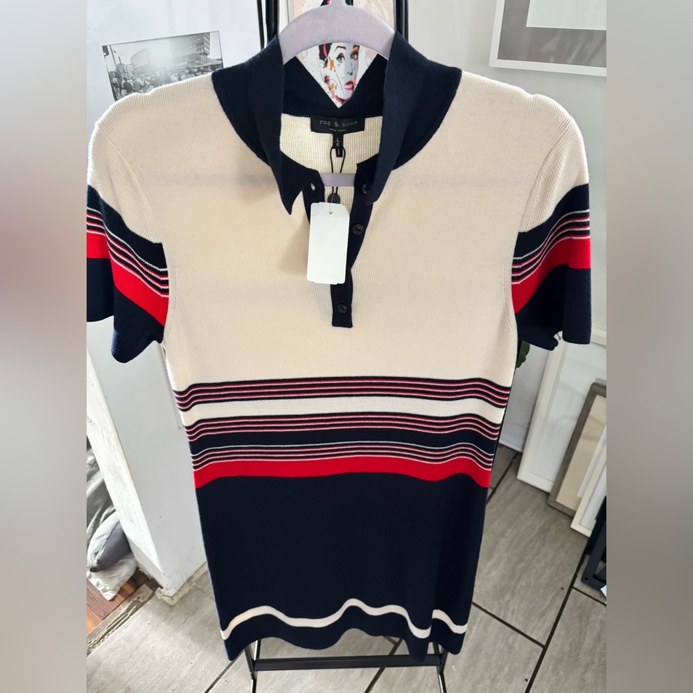 Rag & Bone Krista Polo Dress Cream and Red Striped Size Large NWT